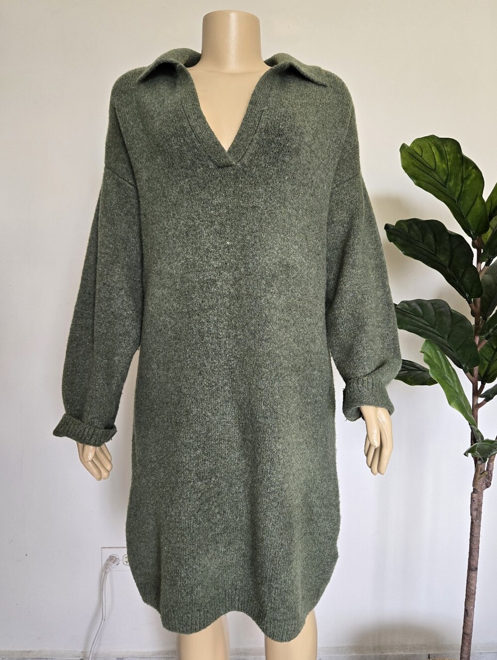 Abercrombie & Fitch Olive Green V-Neck Collared Knit Sweater Dress XLT Wool